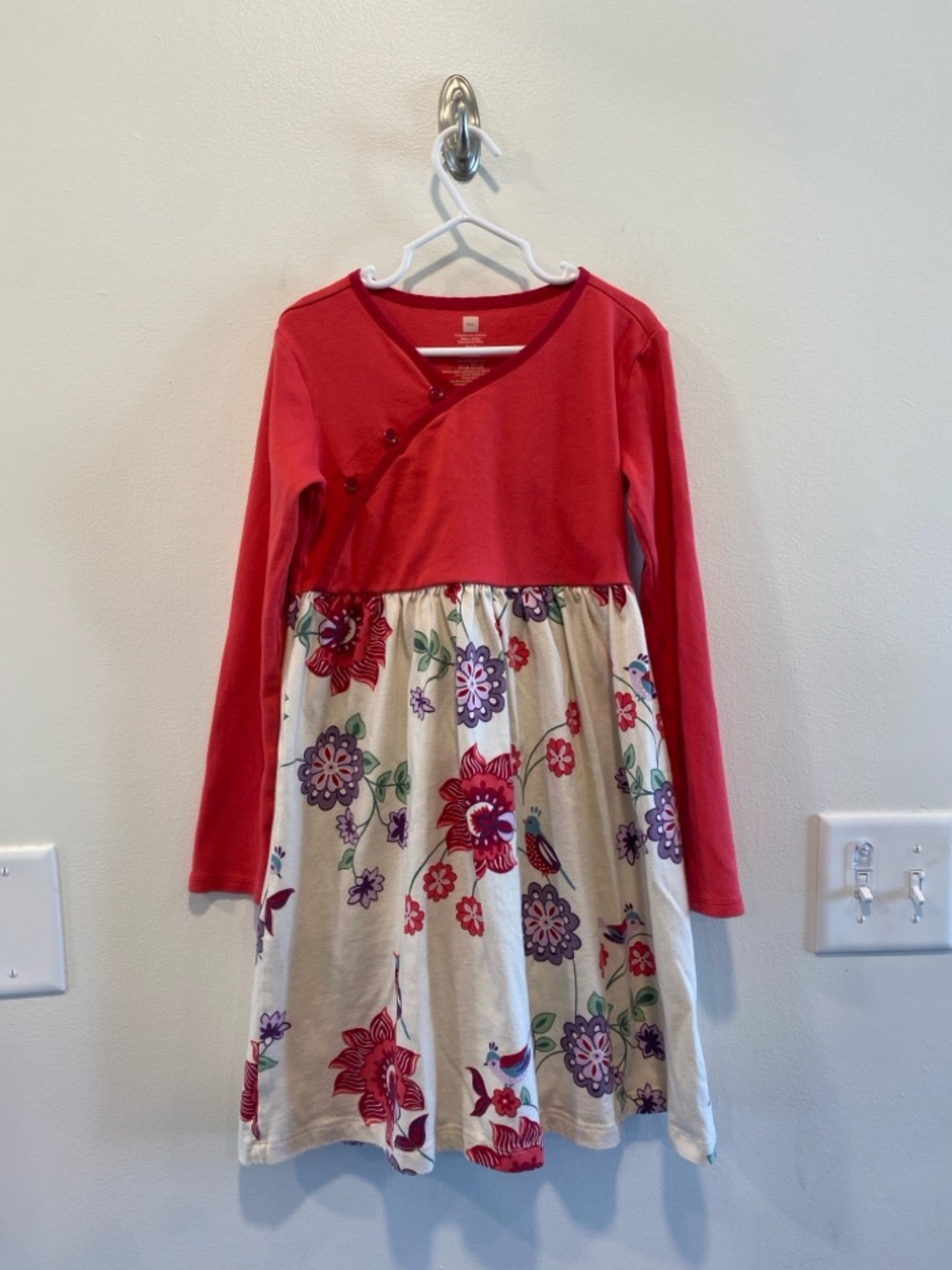 Tea collection girls long sleeve dress size 7 floral and bird print China Asia